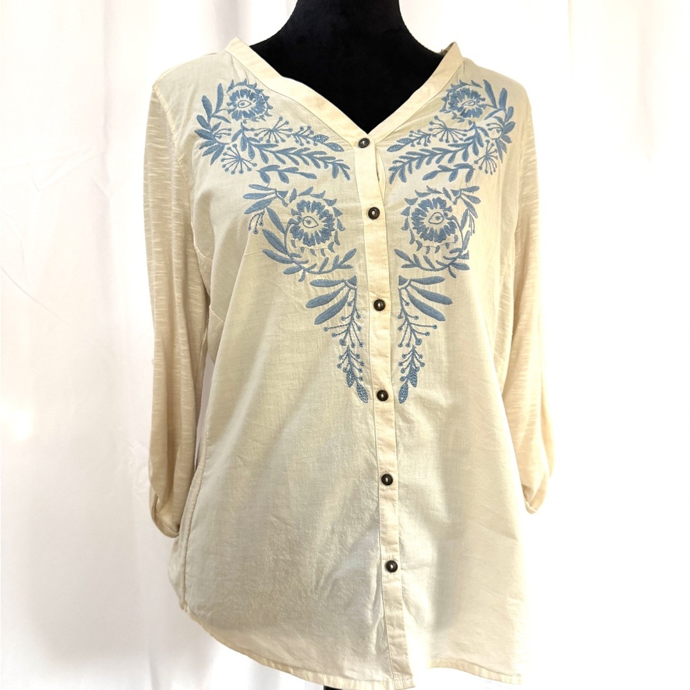 Cream and Light Blue Embroidered Button-Up Top with Smocking Detail